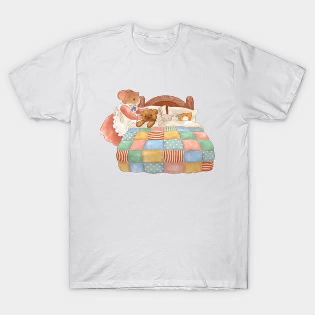 Anthropomorphic Mouse Tucking the Toys into Bed T-Shirt by Jieul